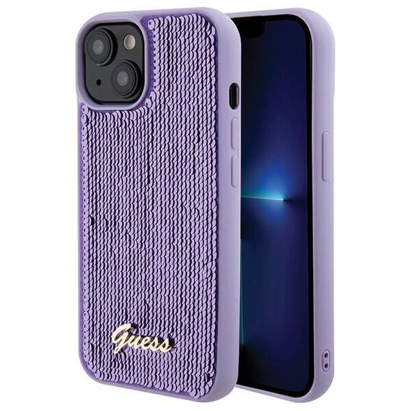 Guess case for iPhone 15 6,1&quot; GUHCP15SPSFDGSU purple HC Sequin Script Metal 3666339176228