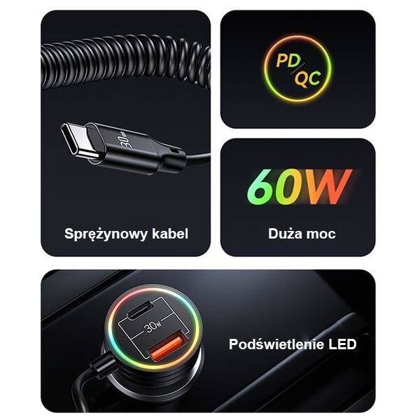 Car Charger 60W USB + USB-C + Kabel USB-C Usams C33 Fast Charge CC167CC01 (US-CC167) black 6958444902470