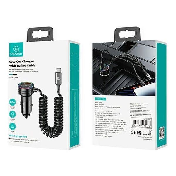 Car Charger 60W USB + USB-C + Kabel USB-C Usams C33 Fast Charge CC167CC01 (US-CC167) black 6958444902470
