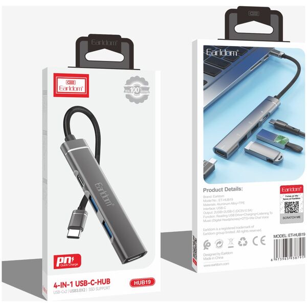 Hub Earldom ET-HUB19, Type-C, 4 Ports, Gray - 12064 έως 12 άτοκες Δόσεις