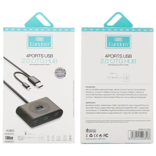 USB hub Earldom HUB03, USB 2.0, 4 θύρες, OTG,Μαυρο - 12065 έως 12 άτοκες Δόσεις