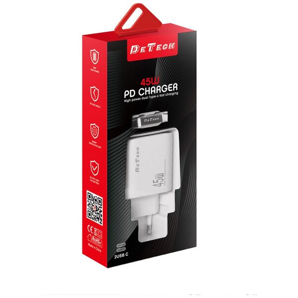 Φορτιστής δικτύου DeTech DE-PD, 65W, GaN, 2 x Type-C F, 1 x USB F, Καλώδιο Type-C - Type-C, PD, λευκό - 40343 έως 12 άτοκες Δόσεις