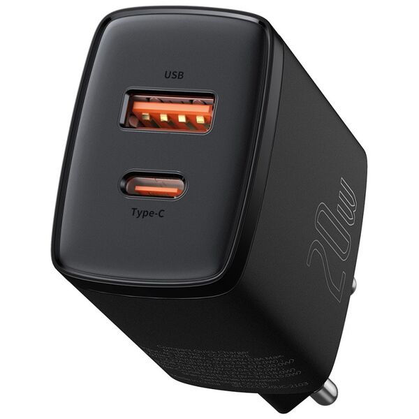 Baseus wall charger Compact PD 20W 1x USB-C 1x USB black 6932172627157