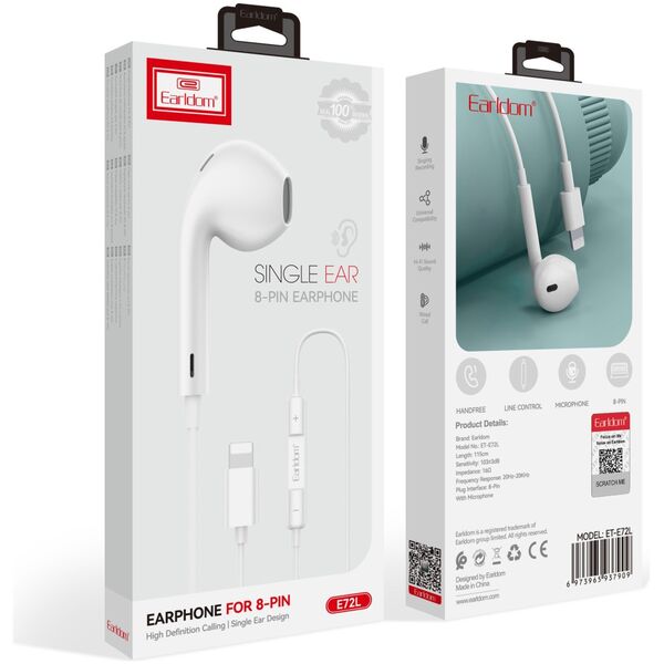Earphone  Earldom ET-E72L, Lightning, Microphone, White - 20747 έως 12 άτοκες Δόσεις