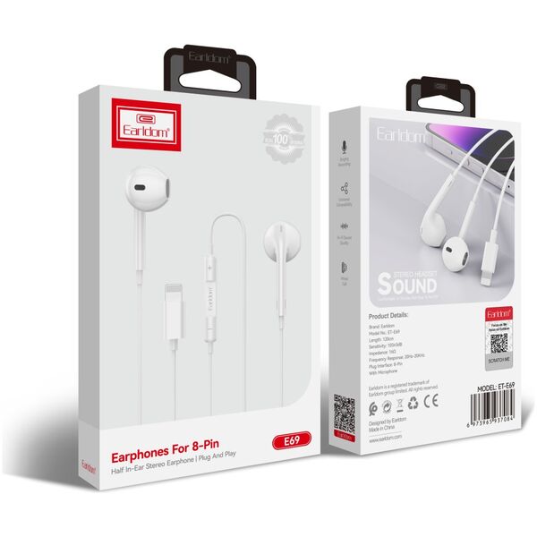 Earphones  Earldom ET-E69, Lightning, Microphone, White - 20748 έως 12 άτοκες Δόσεις