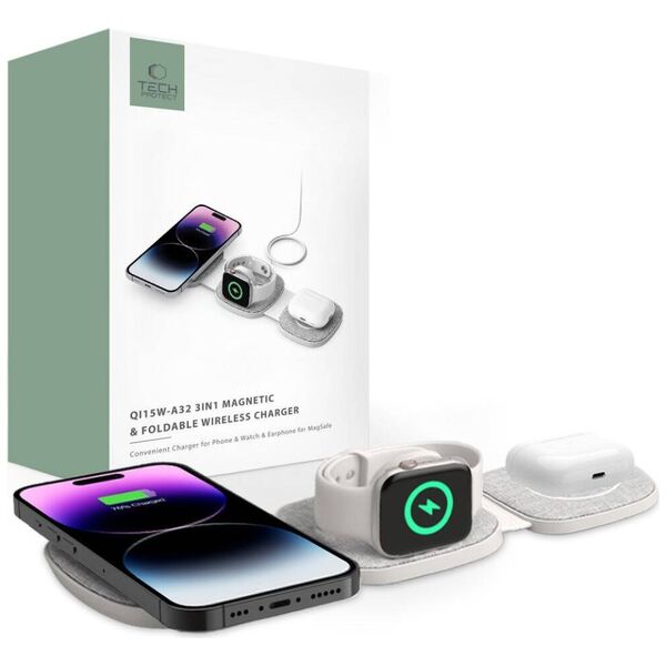 Wireless Charger Magnetic MagSafe 15W 3in1 iPhone + Apple Watch + AirPods Tech-Protect QI15W-A32 grey 5906302308255