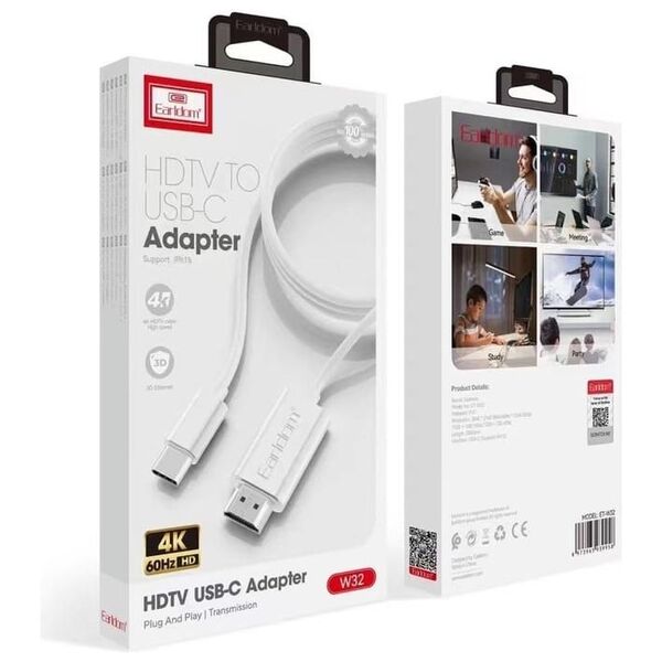 Cable Earldom ET-W32, Type-C - HDMI 4K, 2м., White - 40375 έως 12 άτοκες Δόσεις