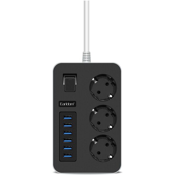 Power strip Earldom ES-SC07, 3 sockets, CEE 7/3, 6 x USB, 2m., Black - 40378 έως 12 άτοκες Δόσεις