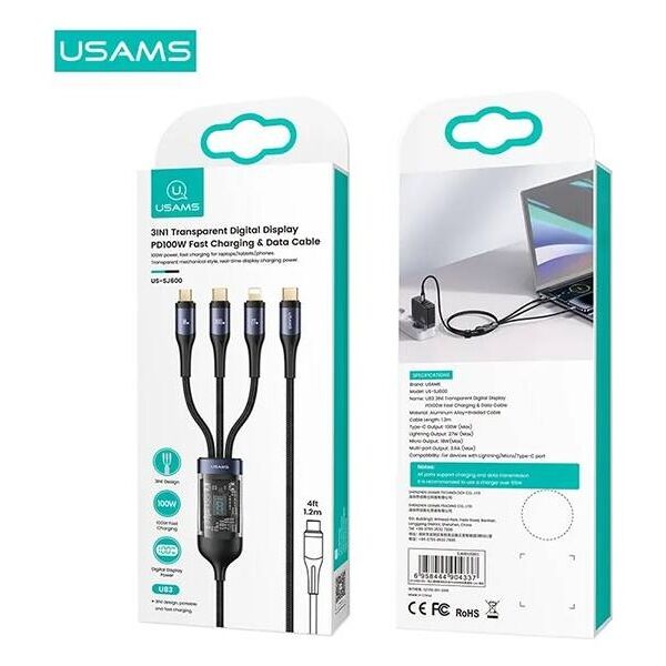 3in1 Cable 100W 1.2m USB-C - USB-C + micro USB + Lightning Digital Display PD Fast Charge USAMS U83 SJ600USB01 (US-SJ600) 6958444904337