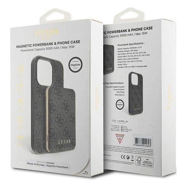 Original Case IPHONE 14 PRO MAX Guess Hardcase + Powerbank MagSafe 4G Metal Logo 5000mAh (GUBPM5P14X4GEMGK) black 3666339214593