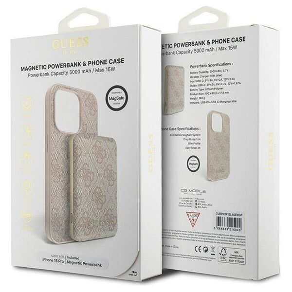 Original Case APPLE IPHONE 15 PRO Guess Hardcase + Powerbank MagSafe 4G Metal Logo 5000mAh (GUBPM5P15L4GEMGP) pink 3666339215040
