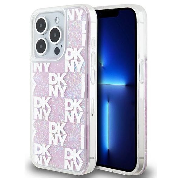 DKNY case for iPhone 15 Pro 6,1&quot; DKHCP15LLCPEPP white HC liquid glitters w checkered pattern 3666339271190