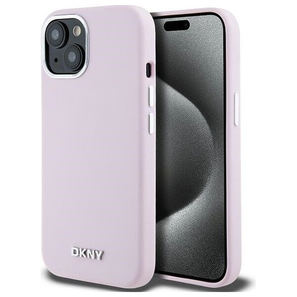 DKNY case for iPhone 15 6,1&quot; DKHMP15SSMCHLP pink HC Magsafe silicone w horizontal metal logo 3666339265854