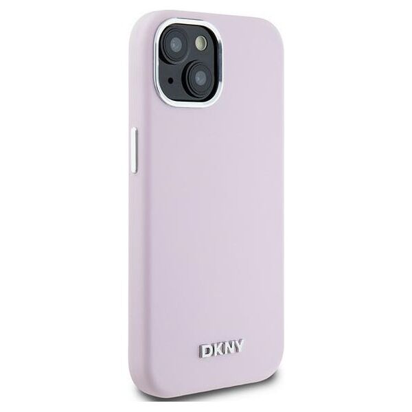 DKNY case for iPhone 15 6,1&quot; DKHMP15SSMCHLP pink HC Magsafe silicone w horizontal metal logo 3666339265854