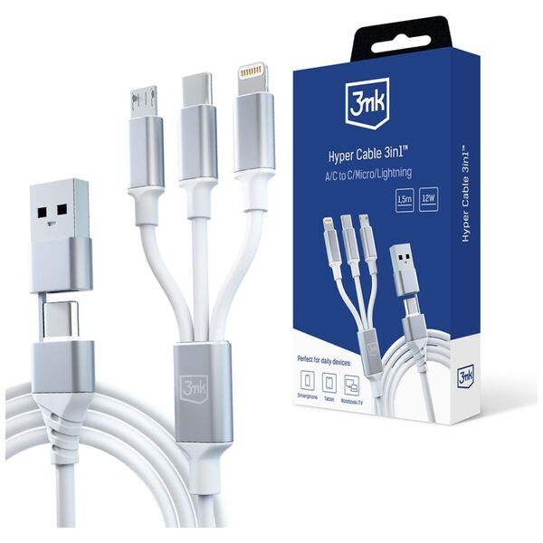 3mk Hyper Cable 3in1 A/C to C/Micro/Lightning 1.5m White 5903108541237