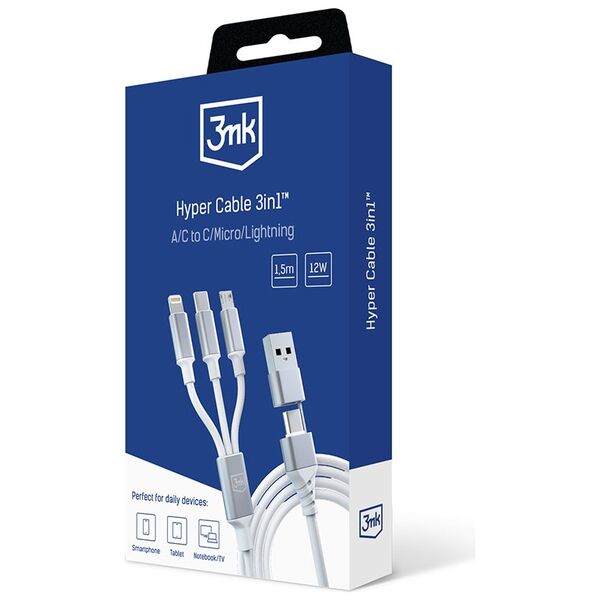 3mk Hyper Cable 3in1 A/C to C/Micro/Lightning 1.5m White 5903108541237