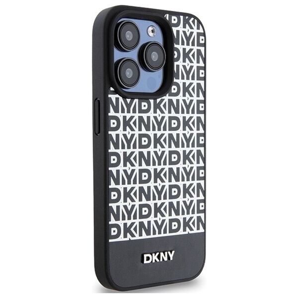 DKNY case for iPhone 15 Pro 6,1&quot; DKHMP15LPSOSPK black HC Magsafe pu repeat pattern w bottom stripe 3666339262235