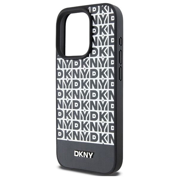 DKNY case for iPhone 15 Pro 6,1&quot; DKHMP15LPSOSPK black HC Magsafe pu repeat pattern w bottom stripe 3666339262235