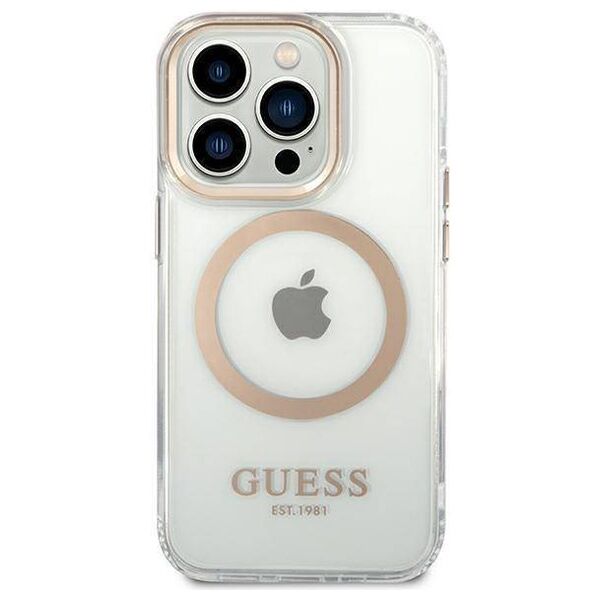 Original Case IPHONE 14 PRO Guess Hard Case Metal Outline Magsafe (GUHMP14LHTRMD) gold 3666339069728