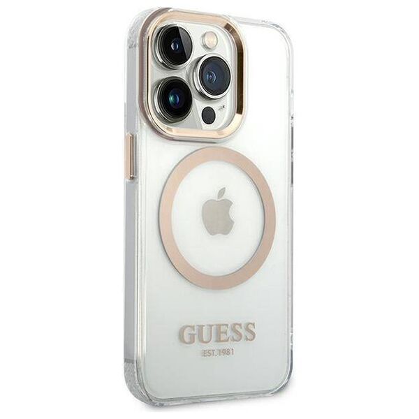 Original Case IPHONE 14 PRO Guess Hard Case Metal Outline Magsafe (GUHMP14LHTRMD) gold 3666339069728