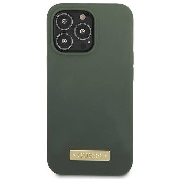 Original Case IPHONE 13 PRO Guess Hard Case Silicone Logo Plate MagSafe (GUHMP13LSPLA) green 3666339056957