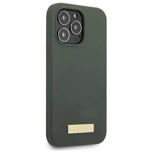 Original Case IPHONE 13 PRO Guess Hard Case Silicone Logo Plate MagSafe (GUHMP13LSPLA) green 3666339056957