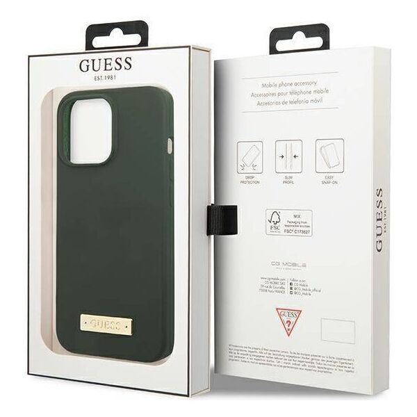 Original Case IPHONE 13 PRO Guess Hard Case Silicone Logo Plate MagSafe (GUHMP13LSPLA) green 3666339056957