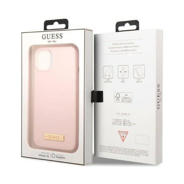 Original Case IPHONE 13 Guess Hard Case Silicone Logo Plate MagSafe (GUHMP13MSBPLP) pink 3666339056865