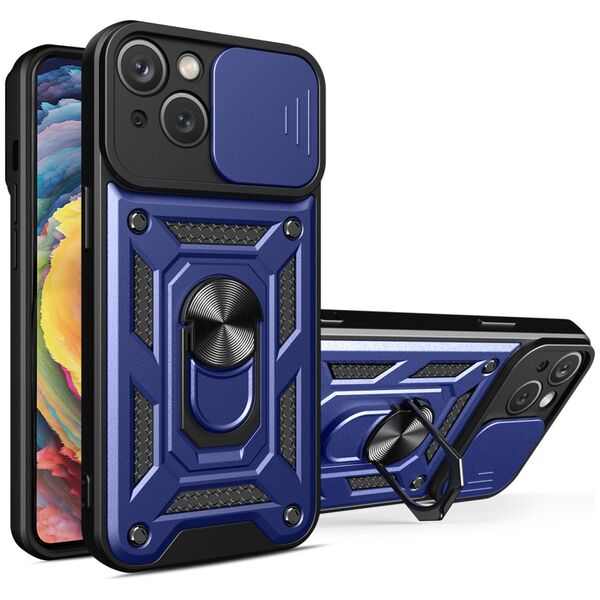 Hybrid Armor Camshield case for iPhone 14 armored case with camera cover blue