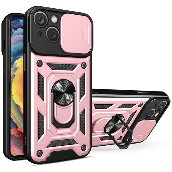 Hybrid Armor Camshield case for iPhone 14 armored case with camera cover pink