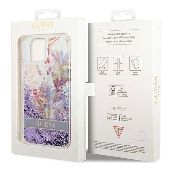 Case IPHONE 14 PLUS Guess Hardcase Flower Liquid Glitter purple 3666339088392
