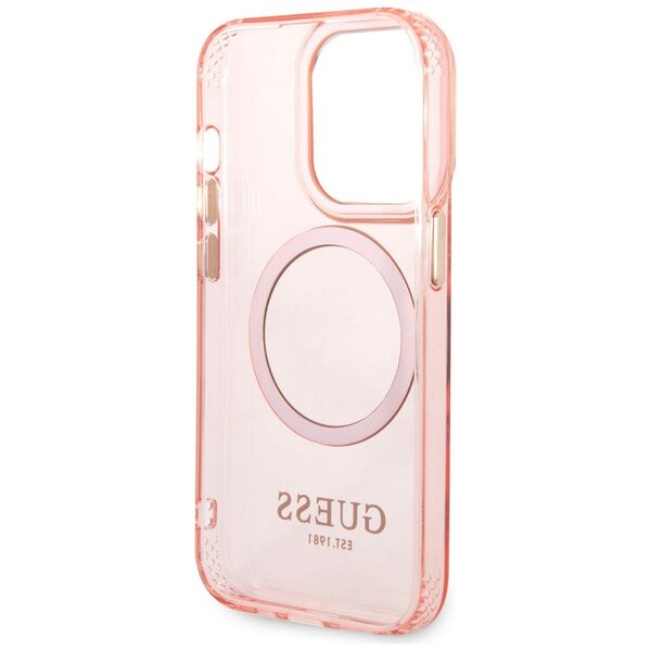 Guess Apple iPhone 14 Pro Max (6.7) Translucent MagSafe hátlapvédő tok pink (GUHMP14XHTCMP) 3666339069698