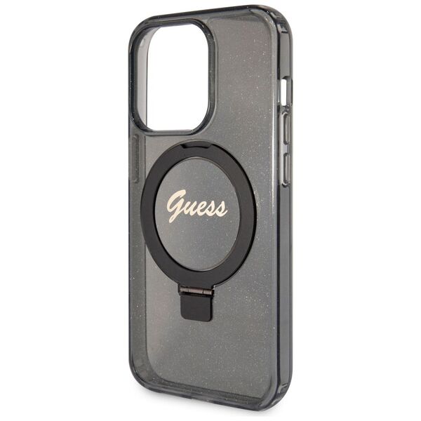 Guess Apple iPhone 15 Pro (6.1) IML Ring Stand Glitter MagSafe hátlapvédő tok fekete (GUHMP15LHRSGSK) 3666339156343