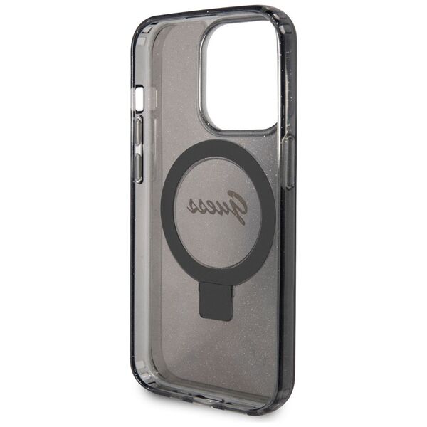 Guess Apple iPhone 15 Pro (6.1) IML Ring Stand Glitter MagSafe hátlapvédő tok fekete (GUHMP15LHRSGSK) 3666339156343