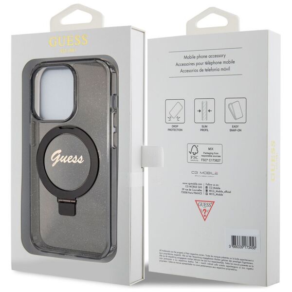 Guess Apple iPhone 15 Pro Max (6.7) IML Ring Stand Glitter MagSafe hátlapvédő tok fekete (GUHMP15XHRSGSK) 3666339156350