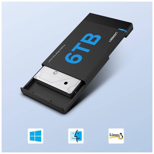 2.5" External HDD/SSD enclosure UGREEN US221, SATA 3.0, USB-C, 50cm (black) 6957303838486
