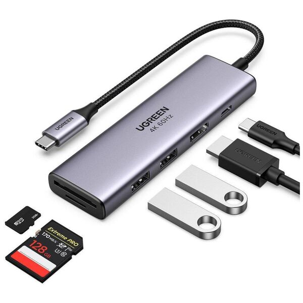 Adapter 5-in-1 UGREEN CM511, Hub USB-C to 2x USB,HDMI, USB-C, TF/SD (Grey) 6957303863846