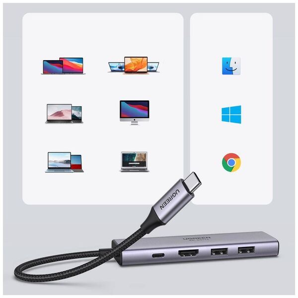 Adapter 5-in-1 UGREEN CM511, Hub USB-C to 2x USB,HDMI, USB-C, TF/SD (Grey) 6957303863846
