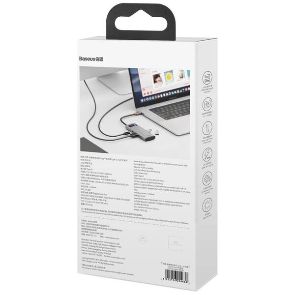 Hub 5in1 Baseus Metal Gleam Series, USB-C to 3x USB 3.0 + HDMI + USB-C PD 6953156204638