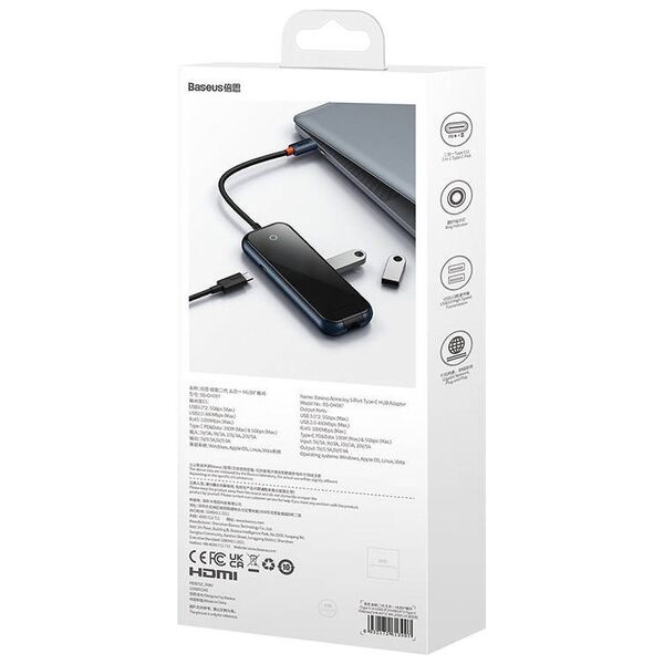 Hub 5in1 Baseus AcmeJoy series USB-C to 2xUSB 3.0 + USB 2.0 + USB-C PD + RJ45 (dark grey) 6932172613907