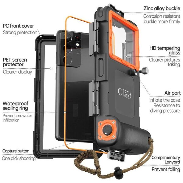 Case Tech-Protect IPX8 Diving Waterproof Case Universal black & orange 5906302310234