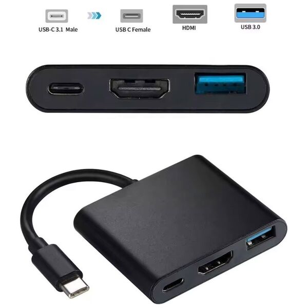 Adapter DeTech, 3in1 USB-C–HDMI+USB 3.0 + PD, 4K, 30Hz, Gray - 17844 έως 12 άτοκες Δόσεις