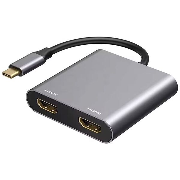 Adapter DeTech,  2in1, USB-C –2хHDMI, 4K, 30Hz, Gray - 17846 έως 12 άτοκες Δόσεις