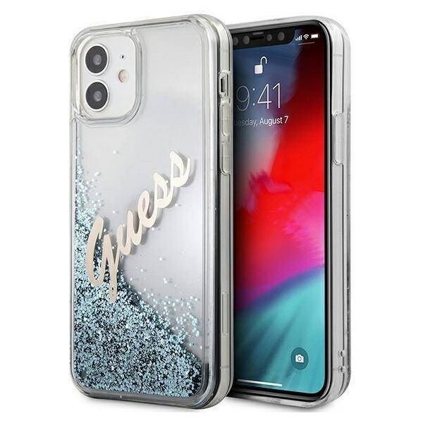 Original Case IPHONE 12 MINI Guess Hardcase Glitter Vintage Script (GUHCP12SGLVSBL) blue 3700740495308