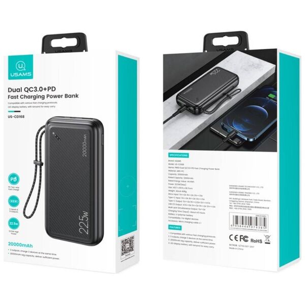 Powerbank 20000mAh PB60 22.5W 2xUSB QC3.0 + USB-C PD3.0 + Micro USB External Battery Fast Charge Usams US-CD168 black 6958444974385