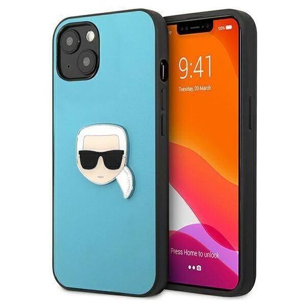 Original Case IPHONE 13 MINI Karl Lagerfeld Hardcase Leather Ikonik Karl`s Head Metal (KLHCP13SPKMB) blue 3666339028619