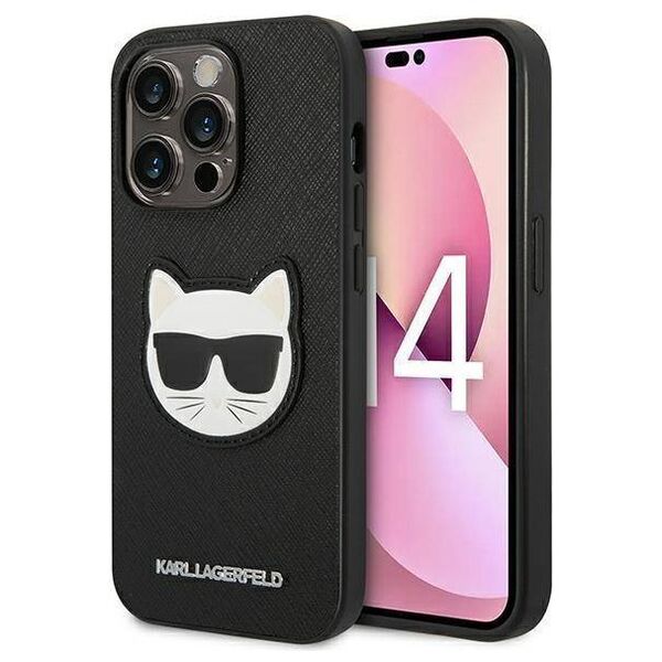 Original Case IPHONE 14 PRO Karl Lagerfeld Hardcase Saffiano Choupette Head Patch black 3666339076979