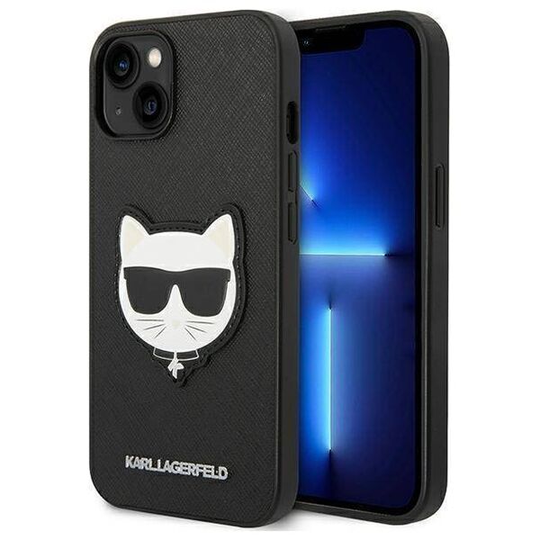 Original Case IPHONE 14 PLUS Karl Lagerfeld Hardcase Saffiano Choupette Head Patch black 3666339076962