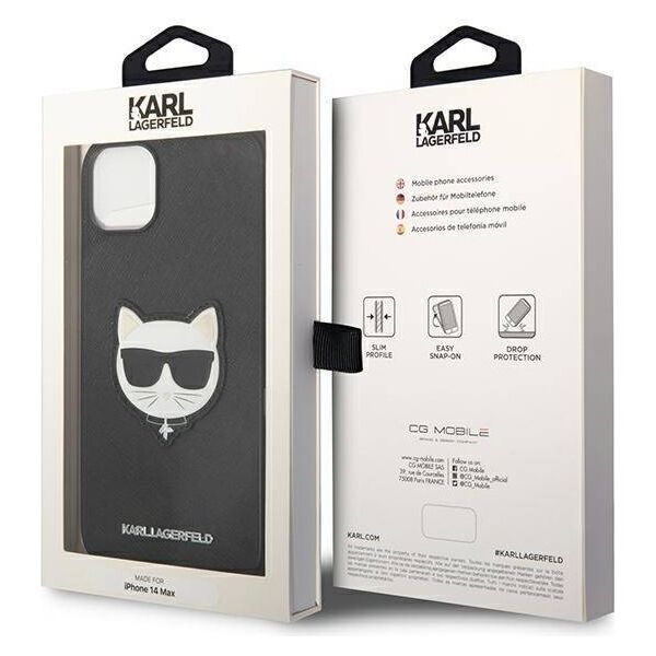 Original Case IPHONE 14 PLUS Karl Lagerfeld Hardcase Saffiano Choupette Head Patch black 3666339076962