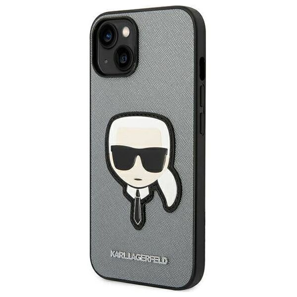 Original Case IPHONE 14 PLUS Karl Lagerfeld Hardcase Saffiano Karl`s Head Patch silver 3666339077082